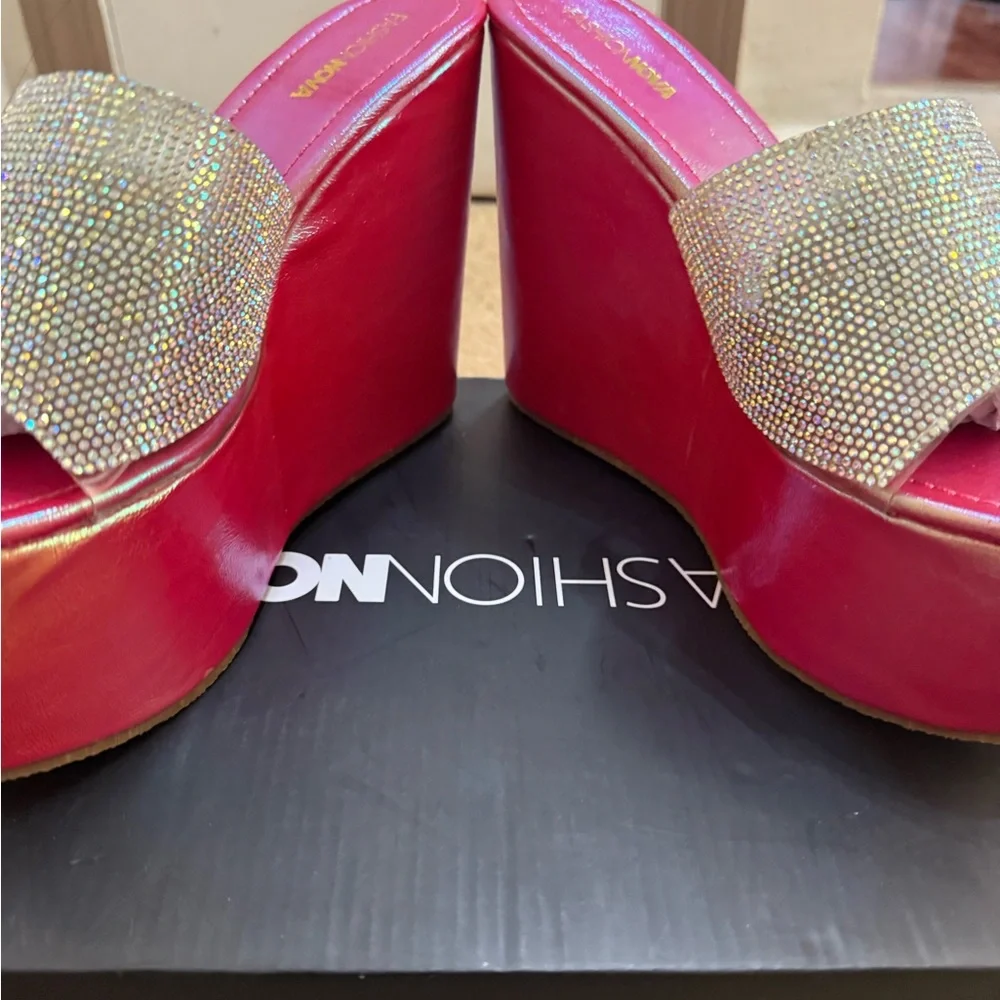 Fashion Nova Red Iridescent Platform Wedges with Rhinestone Strap